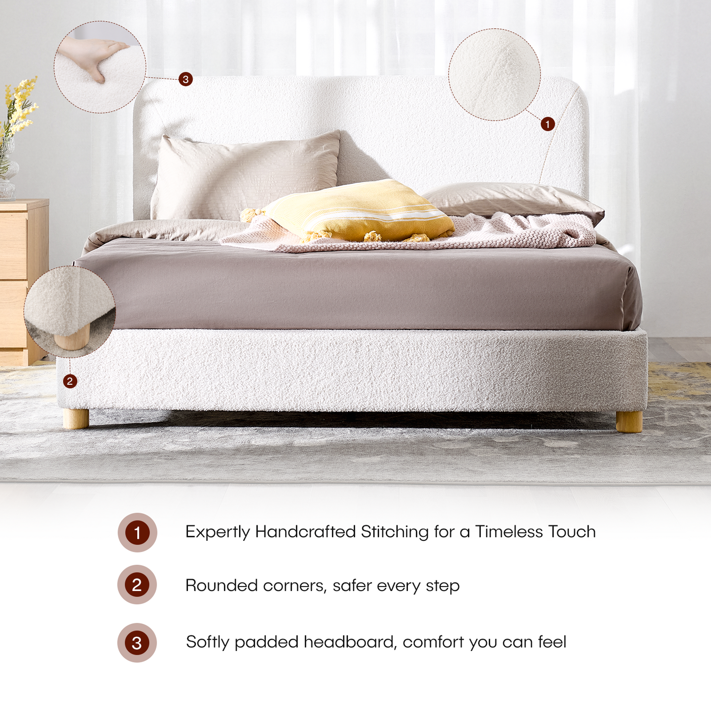 Cream Boucle Queen Bed Frame – Adjustable Headboard, Solid Wood Legs, Modern Upholstered Platform Bed with Rounded Corners & Easy Assembly