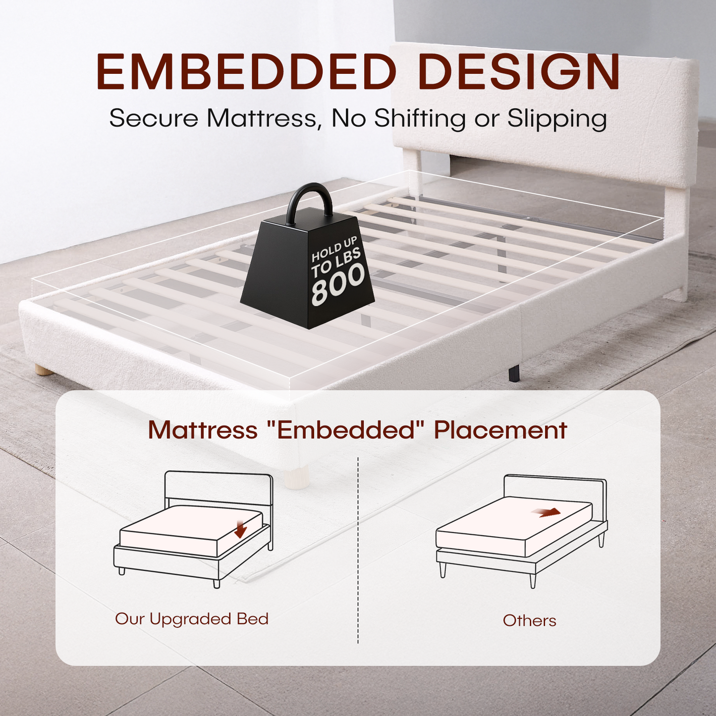 Cream Boucle Queen Bed Frame – Adjustable Headboard, Solid Wood Legs, Modern Upholstered Platform Bed with Rounded Corners & Easy Assembly