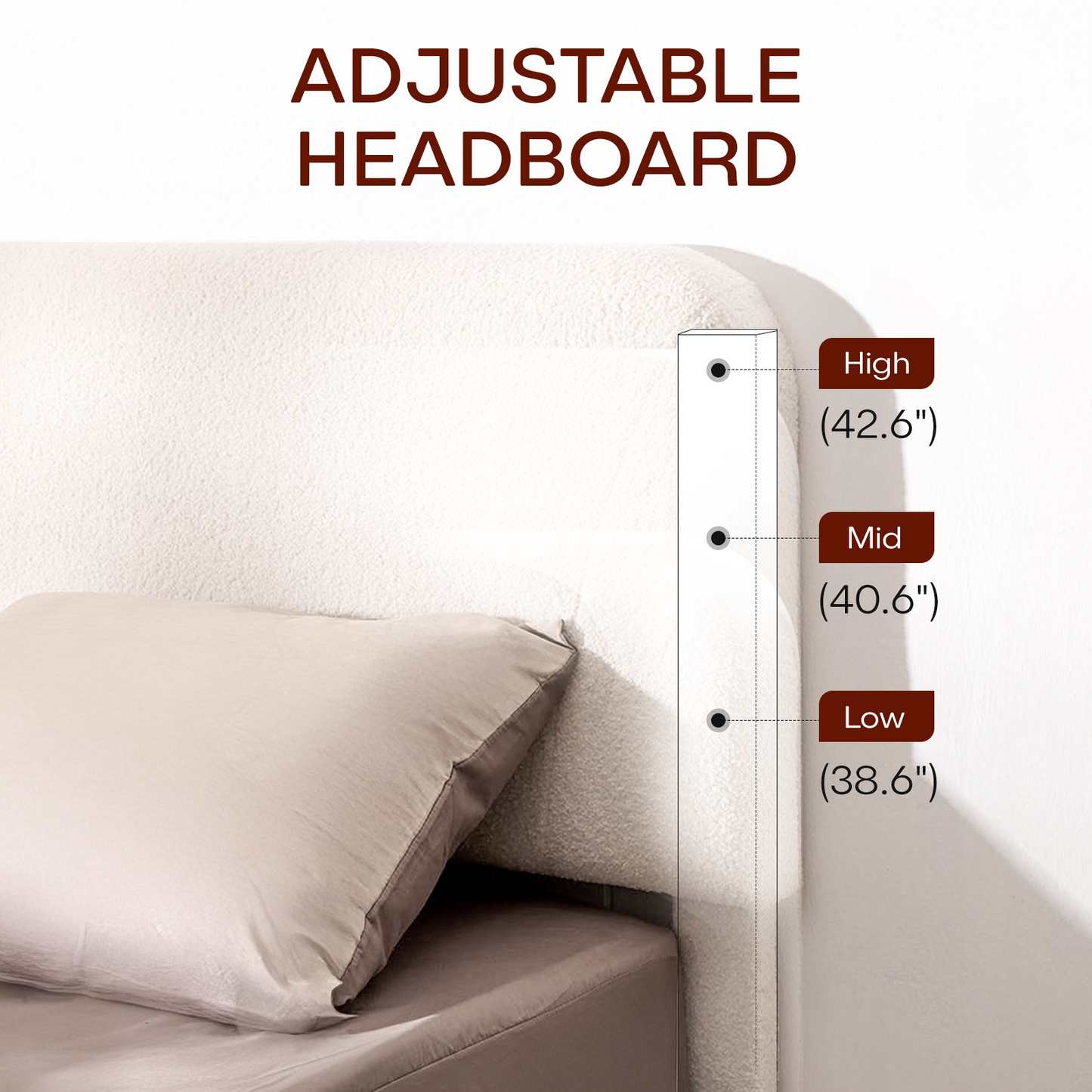 Cream Boucle Queen Bed Frame – Adjustable Headboard, Solid Wood Legs, Modern Upholstered Platform Bed with Rounded Corners & Easy Assembly