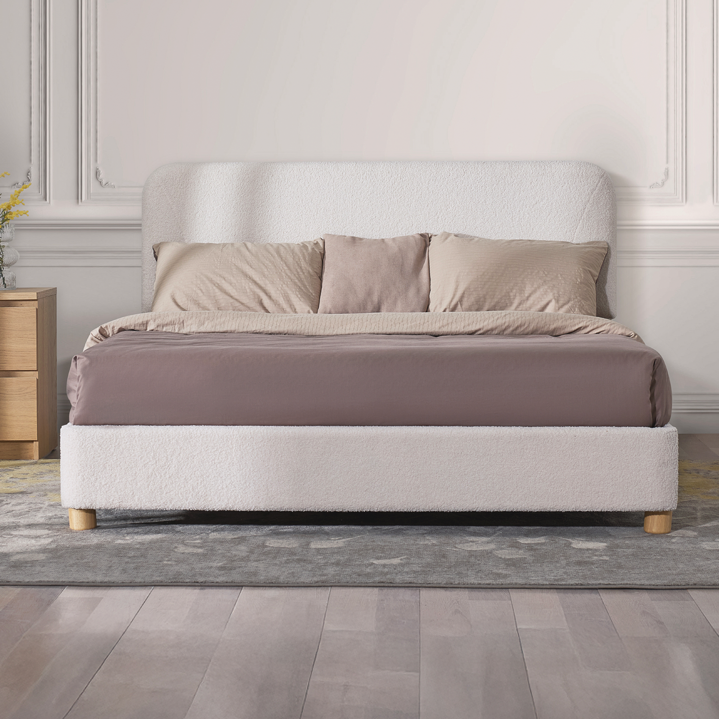 Cream Boucle Queen Bed Frame – Adjustable Headboard, Solid Wood Legs, Modern Upholstered Platform Bed with Rounded Corners & Easy Assembly