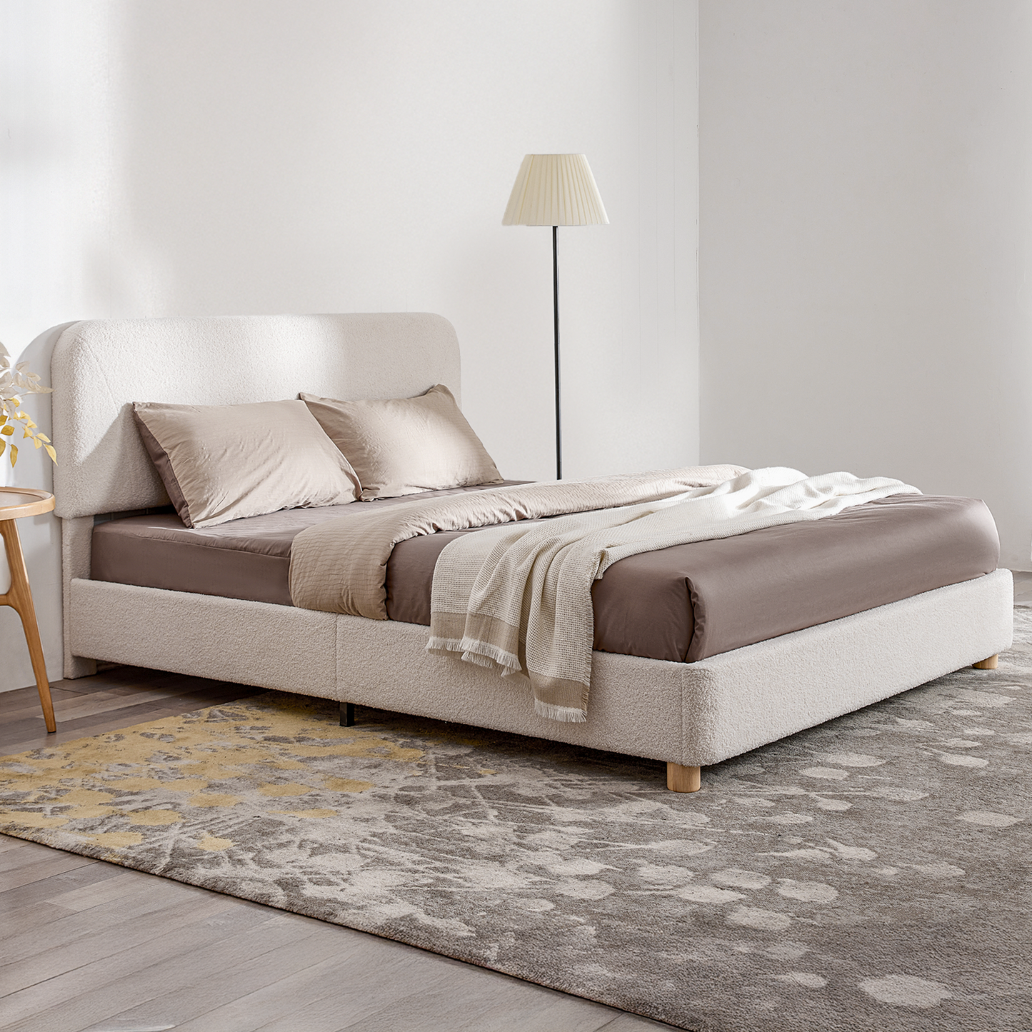 Cream Boucle Queen Bed Frame – Adjustable Headboard, Solid Wood Legs, Modern Upholstered Platform Bed with Rounded Corners & Easy Assembly