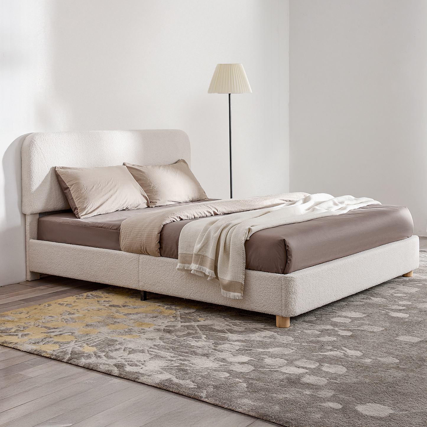 Cream Boucle Queen Bed Frame – Adjustable Headboard, Solid Wood Legs, Modern Upholstered Platform Bed with Rounded Corners & Easy Assembly