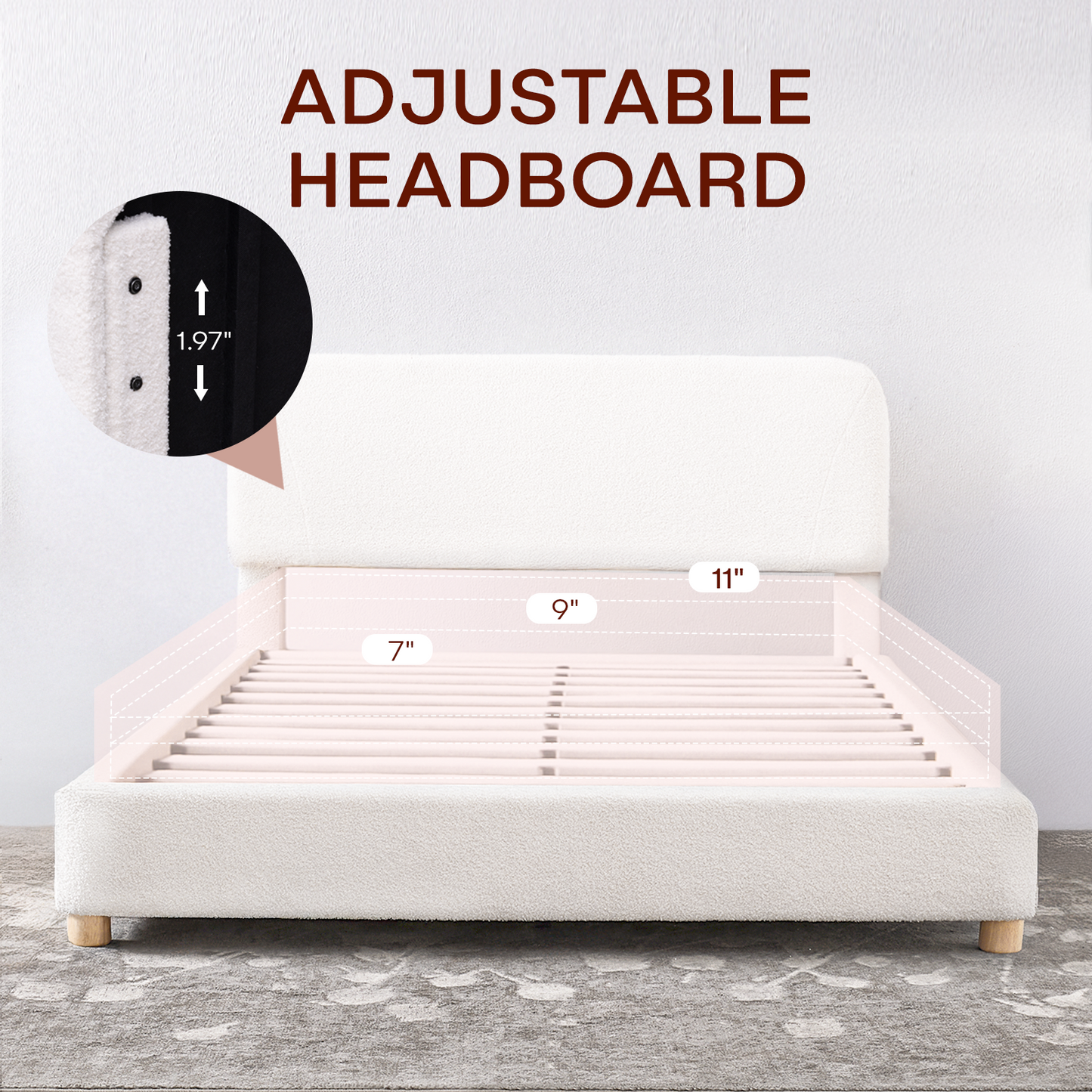 Cream Boucle Queen Bed Frame – Adjustable Headboard, Solid Wood Legs, Modern Upholstered Platform Bed with Rounded Corners & Easy Assembly
