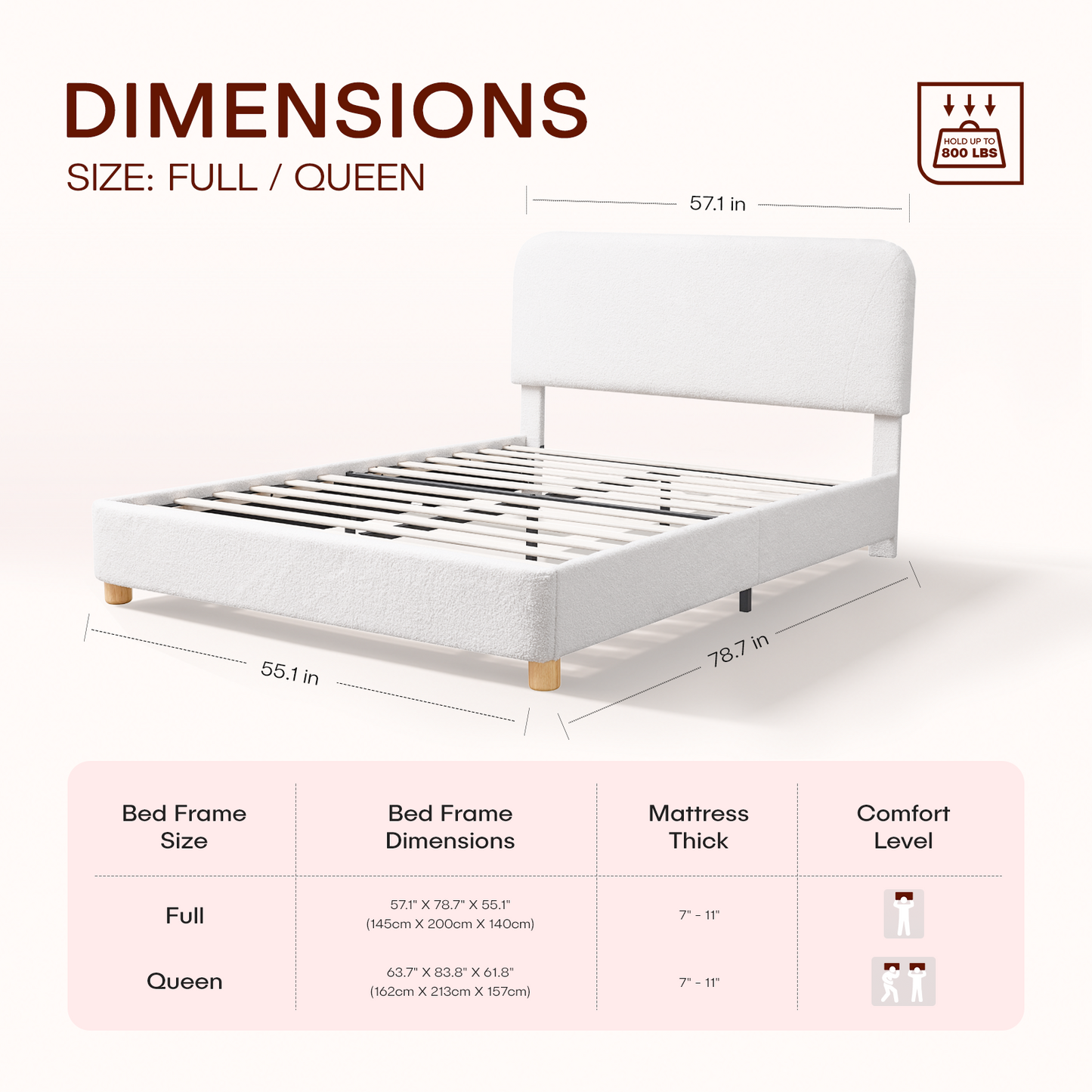 Cream Boucle Queen Bed Frame – Adjustable Headboard, Solid Wood Legs, Modern Upholstered Platform Bed with Rounded Corners & Easy Assembly
