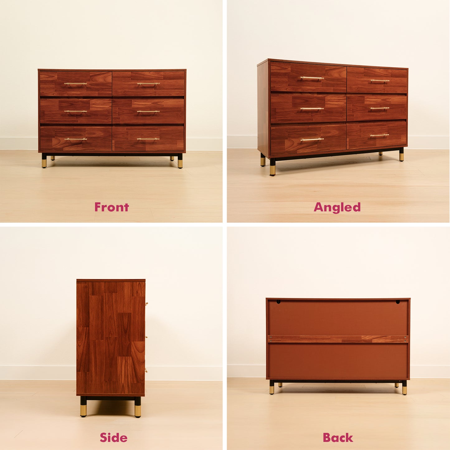 Walnut Dresser for Bedroom, 6 Drawer Brown Wood Dresser with Modern Storage Organizer, Wide Chest of Drawers for Clothes, Closet, Living Room