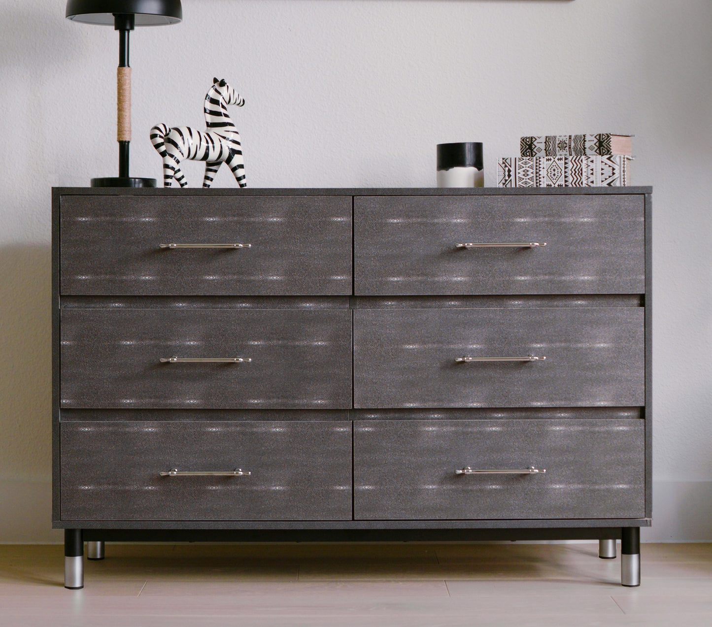 Grey Dresser for Bedroom, 6 Drawer Wood Dresser with Modern Storage Organizer, Wide Chest of Drawers for Clothes, Closet, Living Room