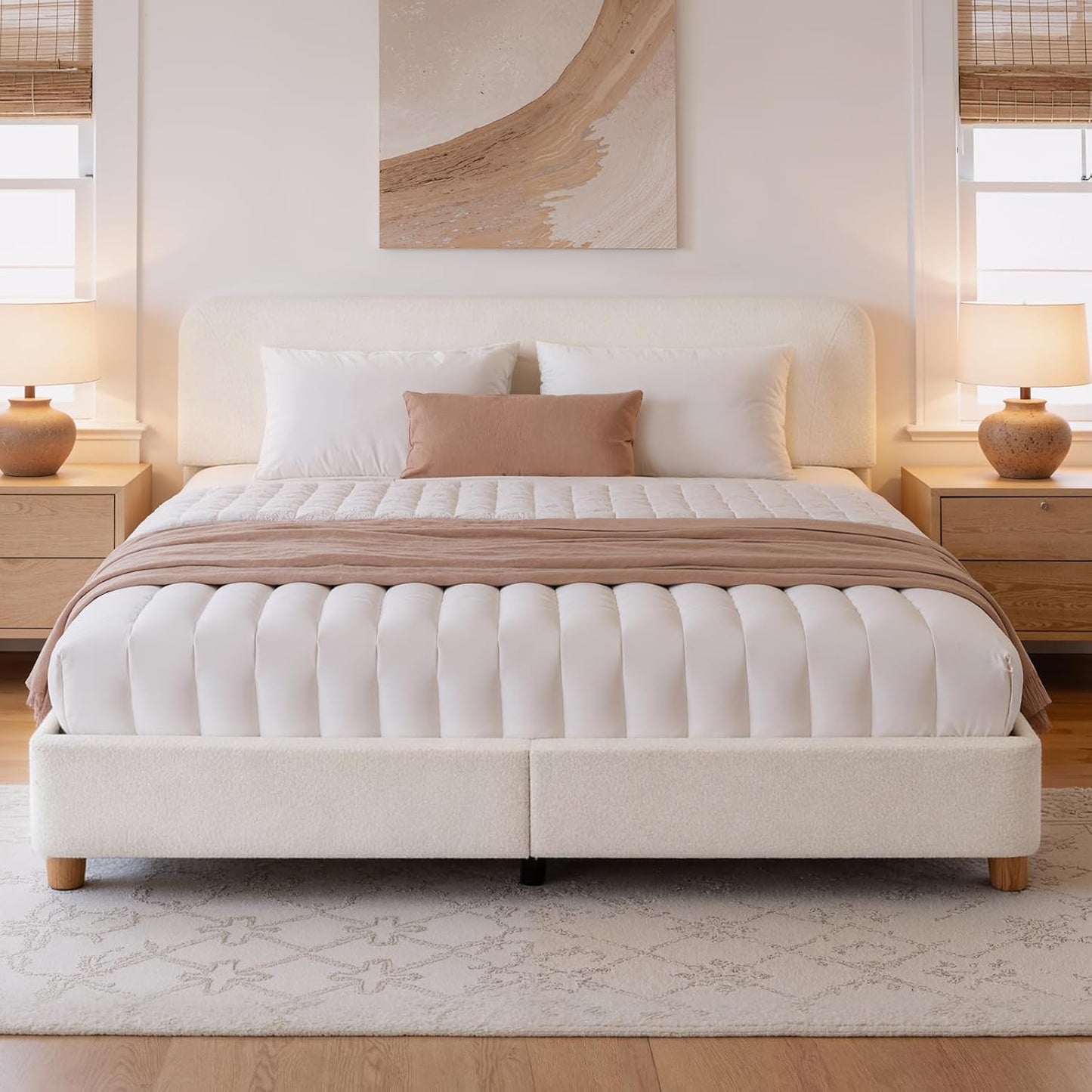 BERRY NEST Queen Size Cloud Bed Frame, Soft Boucle Bed Frame with Adjustable Headboard, Solid Wood Legs, Rounded Corners Design & Easy Assembly ā Modern Platform Bed,Cream