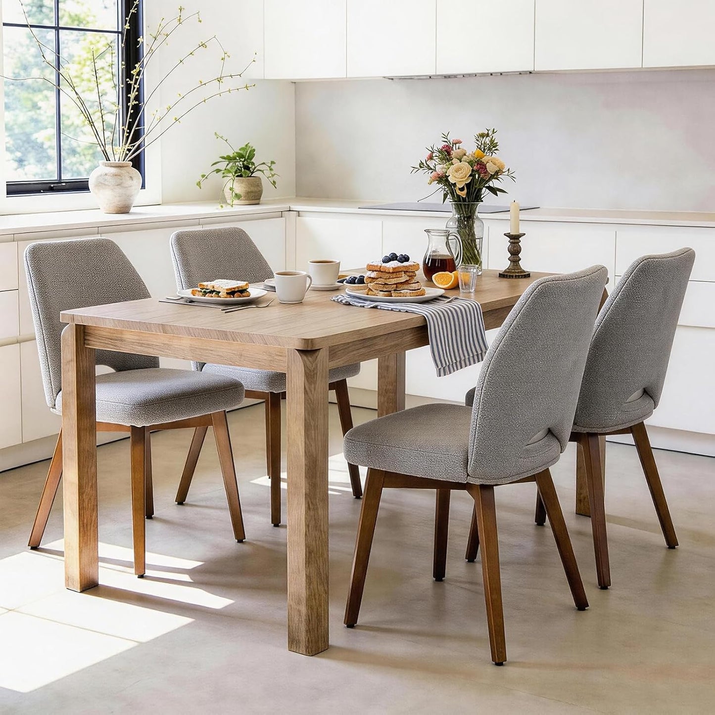 Dining Chairs Set of 4, Modern Upholstered Kitchen Chairs with Unique Cutout High Back & Wood Legs, Comfortable Fabric Side Chair for Dining Room, Living Room Beige