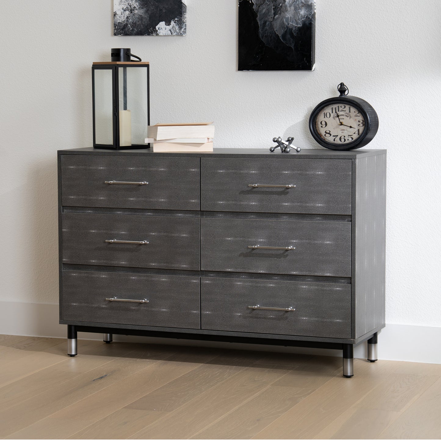 Grey Dresser for Bedroom, 6 Drawer Wood Dresser with Modern Storage Organizer, Wide Chest of Drawers for Clothes, Closet, Living Room