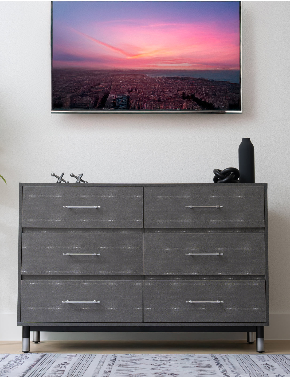 Grey Dresser for Bedroom, 6 Drawer Wood Dresser with Modern Storage Organizer, Wide Chest of Drawers for Clothes, Closet, Living Room