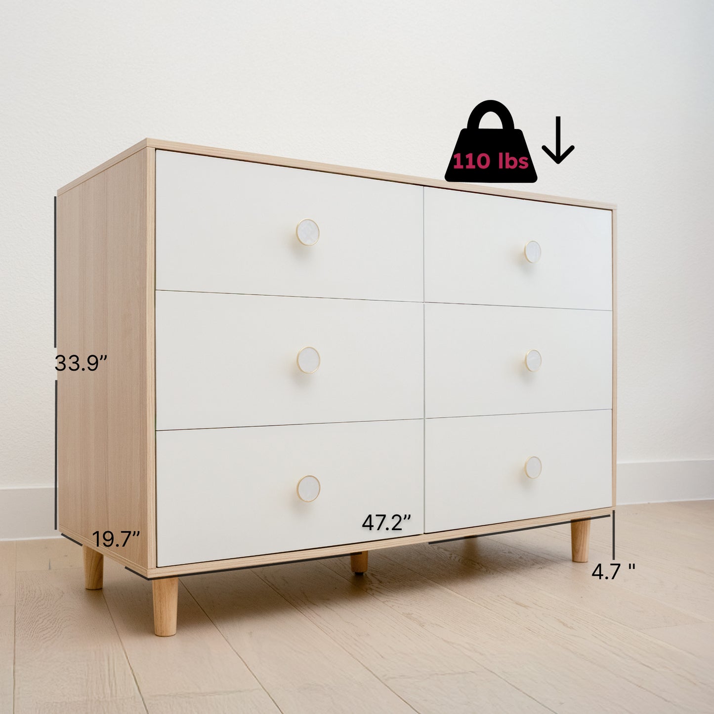 Baby Dresser for Nursery, Kids, and Bedroom – 6 Drawer White Wood Dresser with Solid Wood Legs, White, Storage for Clothes and Baby Essentials