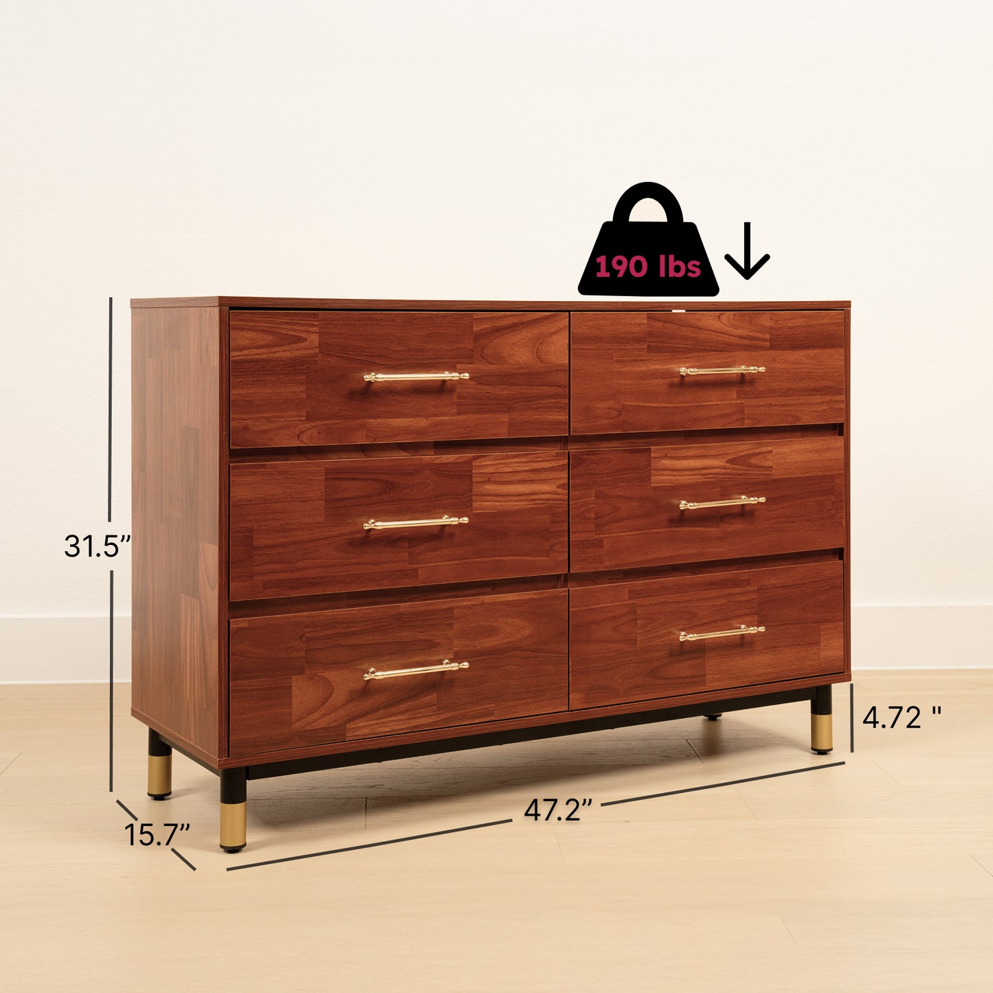Walnut Dresser for Bedroom, 6 Drawer Brown Wood Dresser with Modern Storage Organizer, Wide Chest of Drawers for Clothes, Closet, Living Room