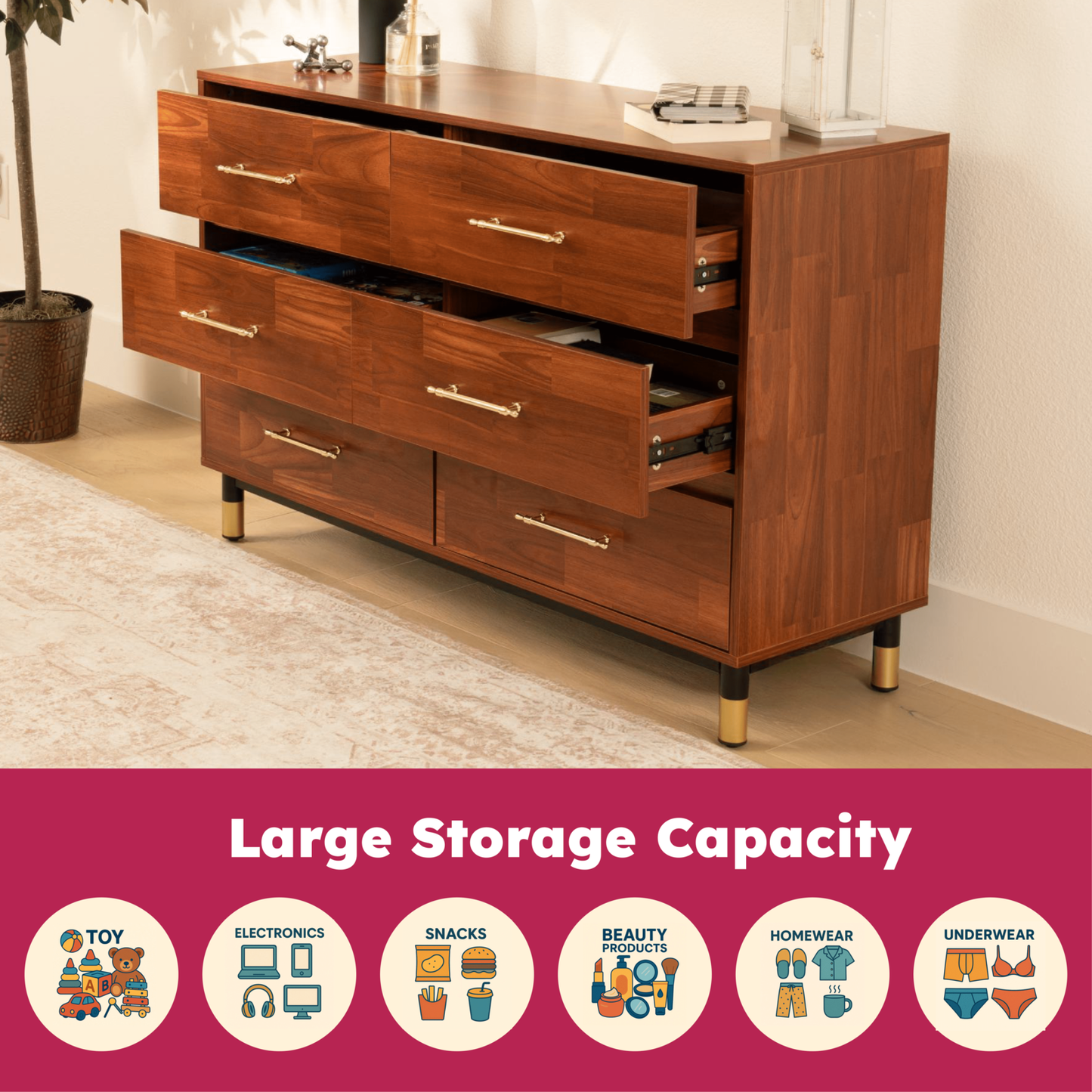 Walnut Dresser for Bedroom, 6 Drawer Brown Wood Dresser with Modern Storage Organizer, Wide Chest of Drawers for Clothes, Closet, Living Room