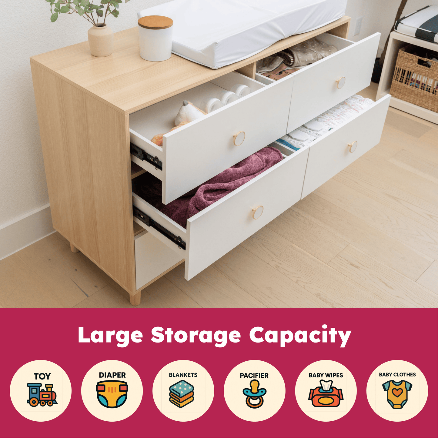Baby Dresser for Nursery, Kids, and Bedroom – 6 Drawer White Wood Dresser with Solid Wood Legs, White, Storage for Clothes and Baby Essentials