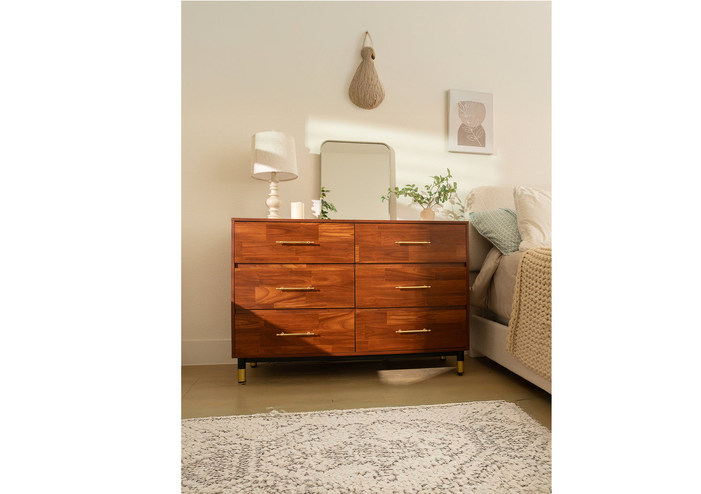 Walnut Dresser for Bedroom, 6 Drawer Brown Wood Dresser with Modern Storage Organizer, Wide Chest of Drawers for Clothes, Closet, Living Room