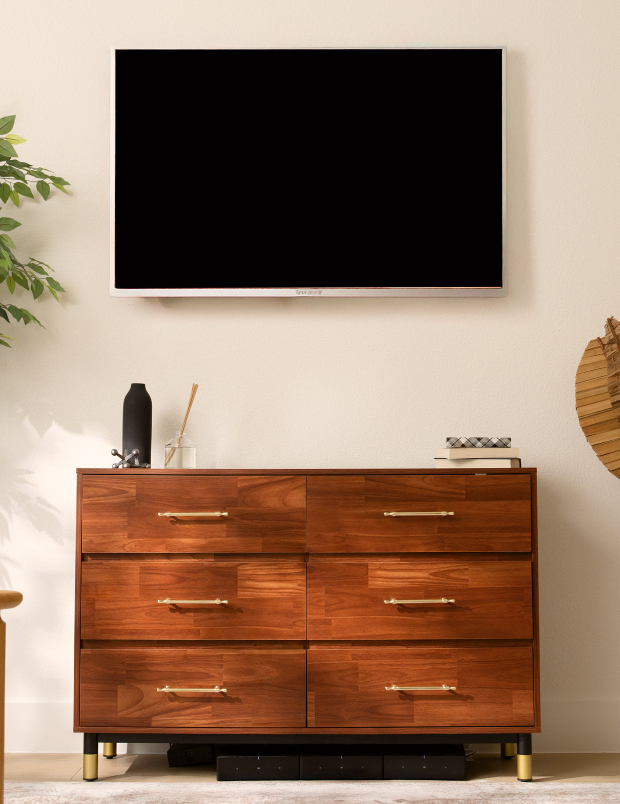 Walnut Dresser for Bedroom, 6 Drawer Brown Wood Dresser with Modern Storage Organizer, Wide Chest of Drawers for Clothes, Closet, Living Room