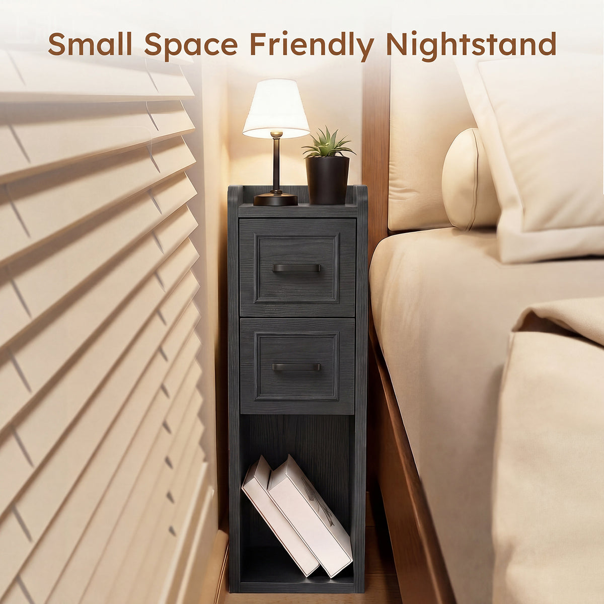 Narrow Black Nightstand Set of 2, Wood Slim Bedside Tables for Small Bedroom, Modern End Table with Drawers, Perfect for Apartments, Rente