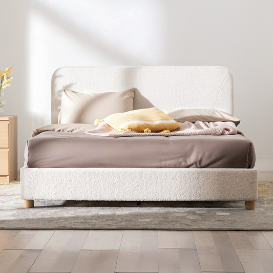Cream Boucle Queen Bed Frame – Adjustable Headboard, Solid Wood Legs, Modern Upholstered Platform Bed with Rounded Corners & Easy Assembly