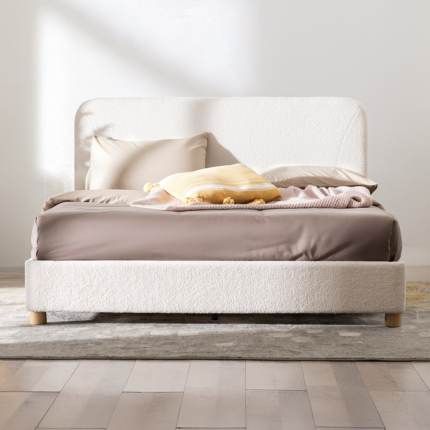 Cream Boucle Queen Bed Frame – Adjustable Headboard, Solid Wood Legs, Modern Upholstered Platform Bed with Rounded Corners & Easy Assembly