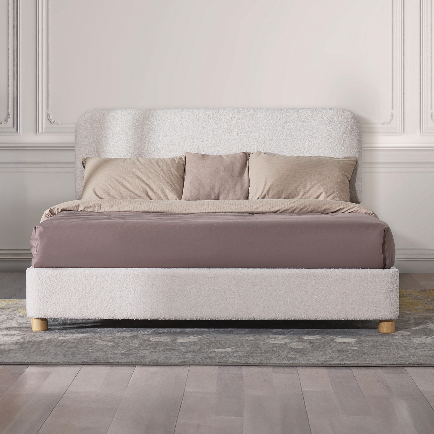 Cream Boucle Queen Bed Frame – Adjustable Headboard, Solid Wood Legs, Modern Upholstered Platform Bed with Rounded Corners & Easy Assembly