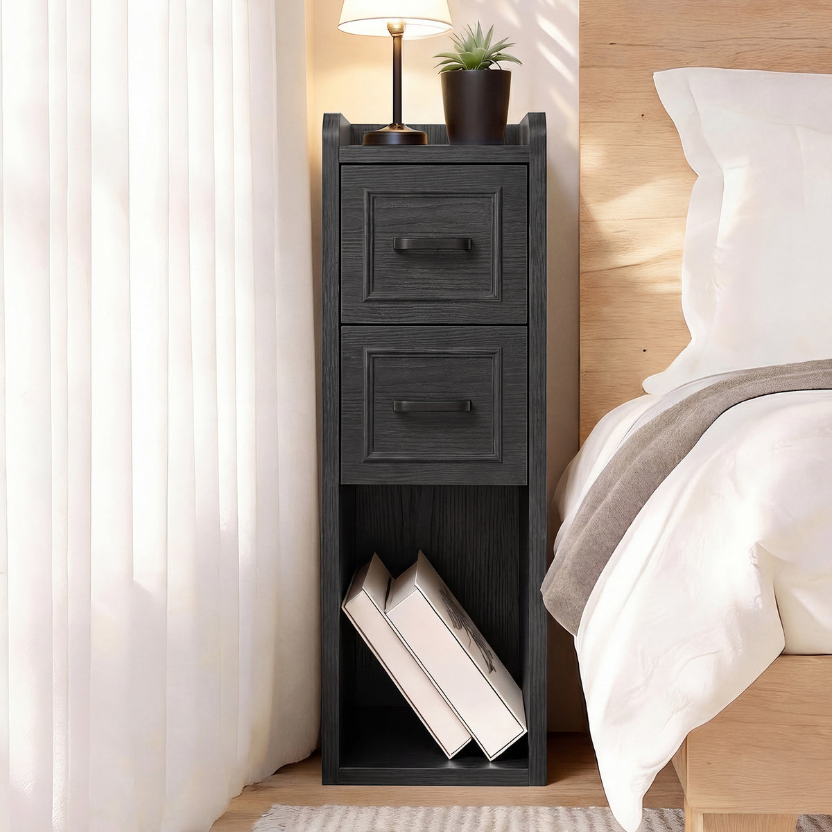 Narrow Black Nightstand Set of 2, Wood Slim Bedside Tables for Small Bedroom, Modern End Table with Drawers, Perfect for Apartments, Rente