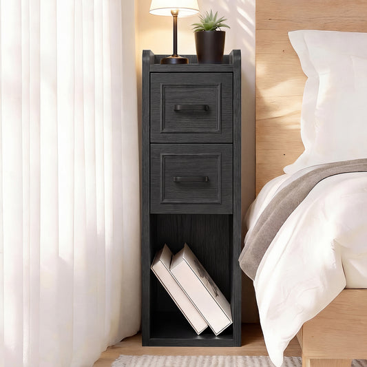 Narrow Black Nightstand Set of 2, Wood Slim Bedside Tables for Small Bedroom, Modern End Table with Drawers, Perfect for Apartments, Rente