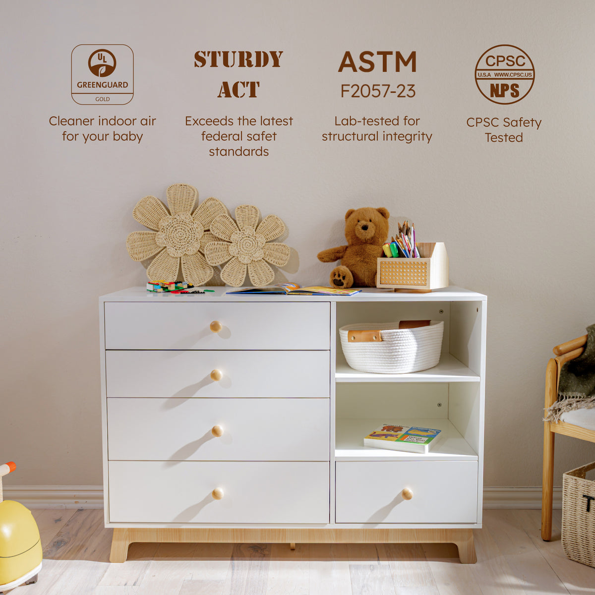 White Baby Dresser with Removable Changing Table Top, for Nursery Kids Room