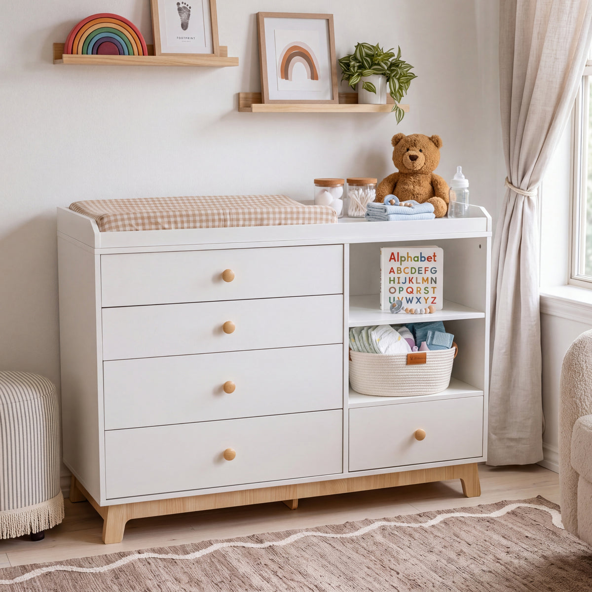 White Baby Dresser with Removable Changing Table Top, for Nursery Kids Room
