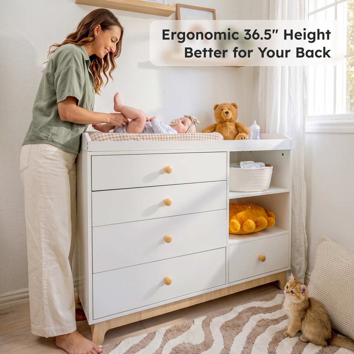 White Baby Dresser with Removable Changing Table Top, for Nursery Kids Room