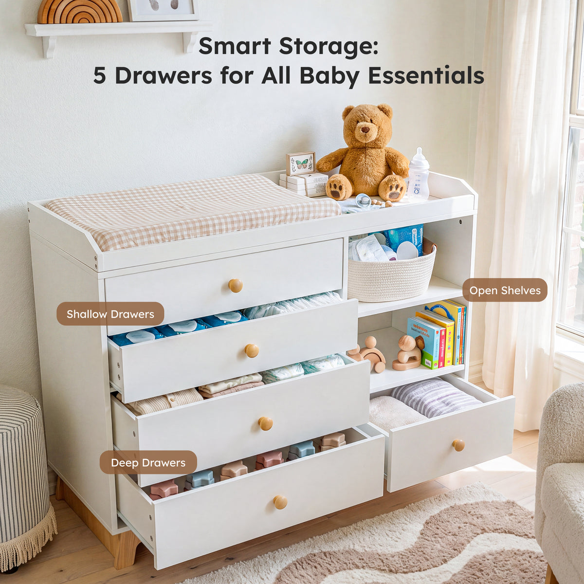 White Baby Dresser with Removable Changing Table Top, for Nursery Kids Room