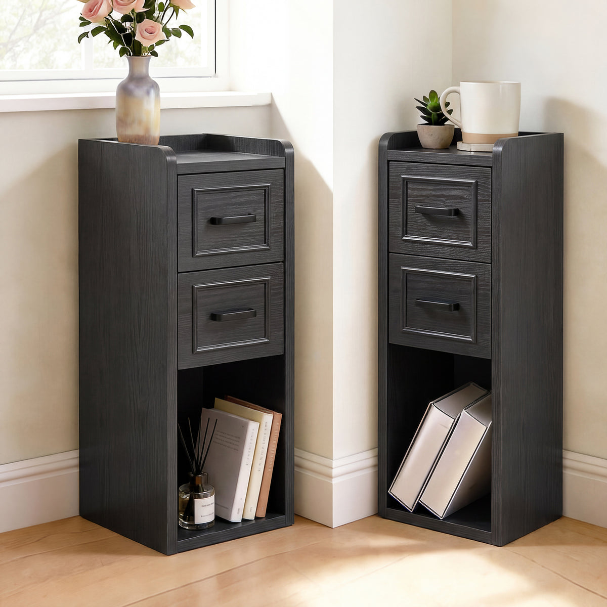 Narrow Black Nightstand Set of 2, Wood Slim Bedside Tables for Small Bedroom, Modern End Table with Drawers, Perfect for Apartments, Rente
