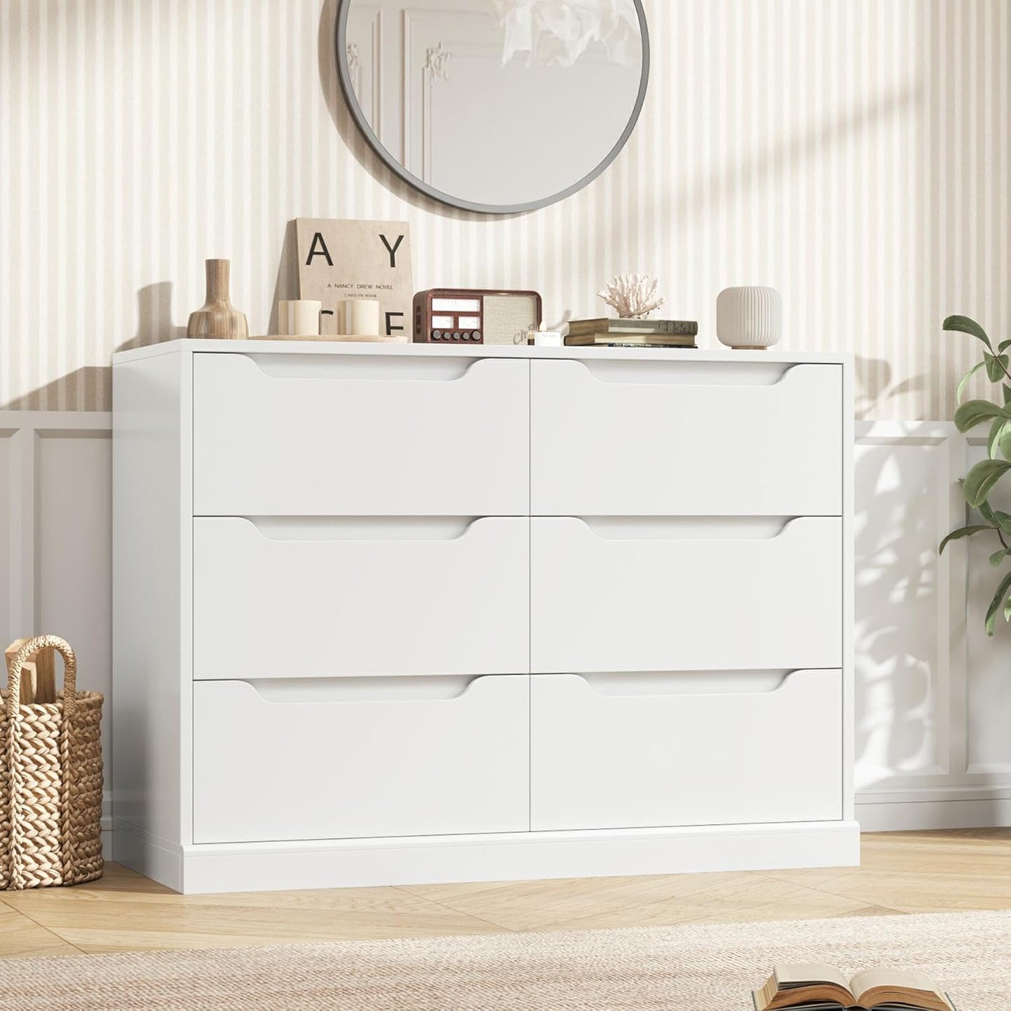 BERRY NEST Modern 6 Chest of Drawers with Storage, Large Wooden Storage Dresser Organizer with Cut-Out Handles, White