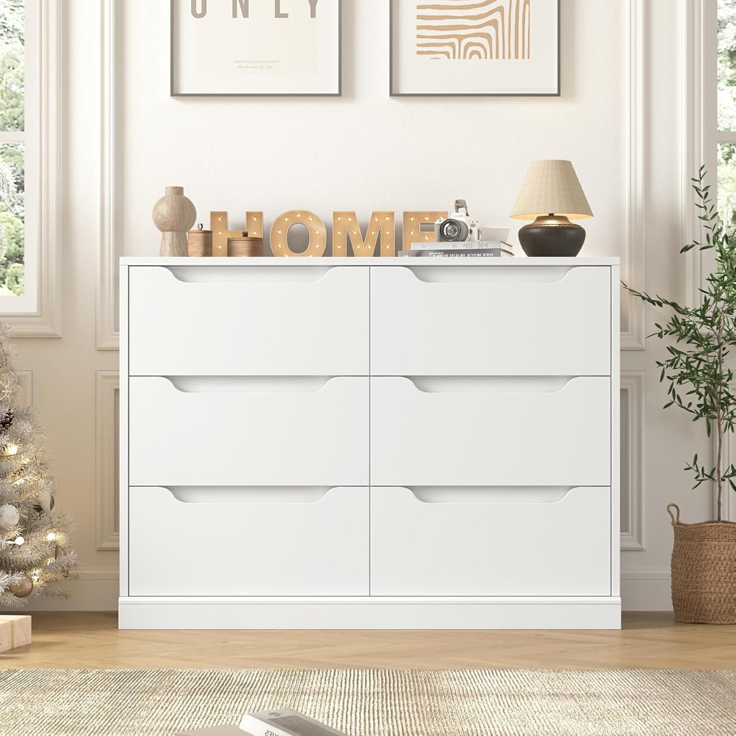 BERRY NEST Modern 6 Chest of Drawers with Storage, Large Wooden Storage Dresser Organizer with Cut-Out Handles, White