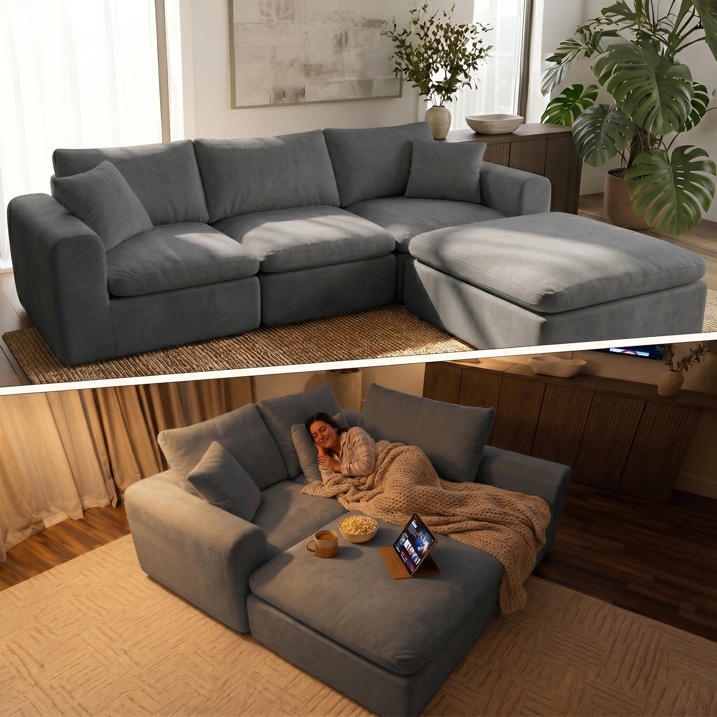 118" Modern Modular Sectional Sofa, Cloud Couch with Ergonomic High Back Support, Deep Seat Comfy Boneless Sectional Couches for Living Room, Durable Fabric, No Assembly, Dark Gray