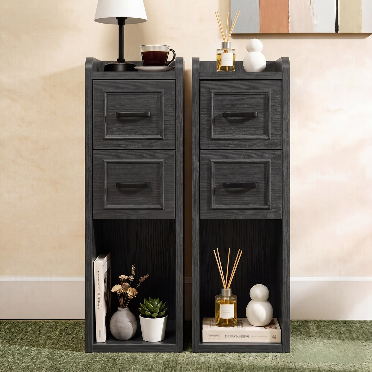 Narrow Black Nightstand Set of 2, Wood Slim Bedside Tables for Small Bedroom, Modern End Table with Drawers, Perfect for Apartments, Rente