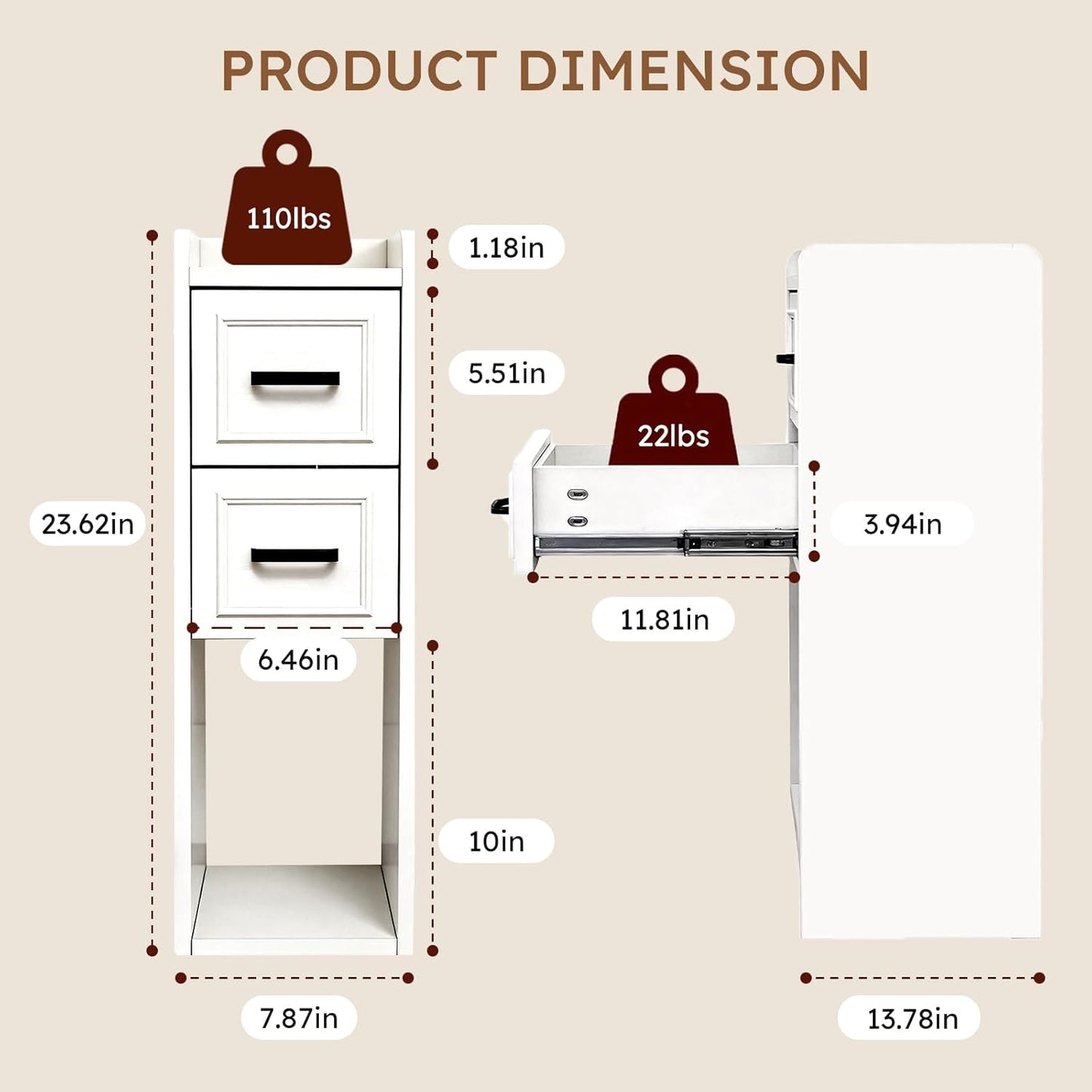 Narrow White Nightstand, Wood Slim Bedside Tables for Small Bedroom, Modern End Table with Drawers, Perfect for Apartments, Rente
