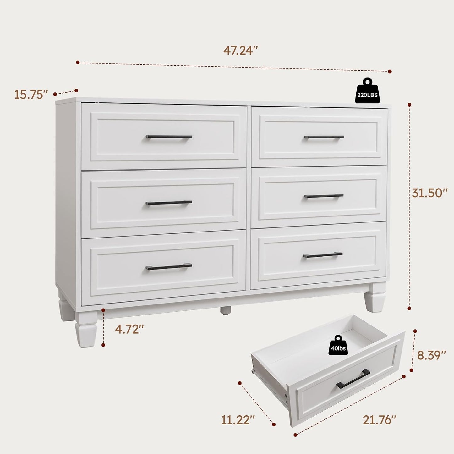 BERRY NEST Farmhouse Dresser for Bedroom, 47.2'' Wide Wood White Dresser with 6 Drawer, Modern Minimalist Chest of Drawers with Metal Handle, Closet Store Organizer for Living Room, Hallway
