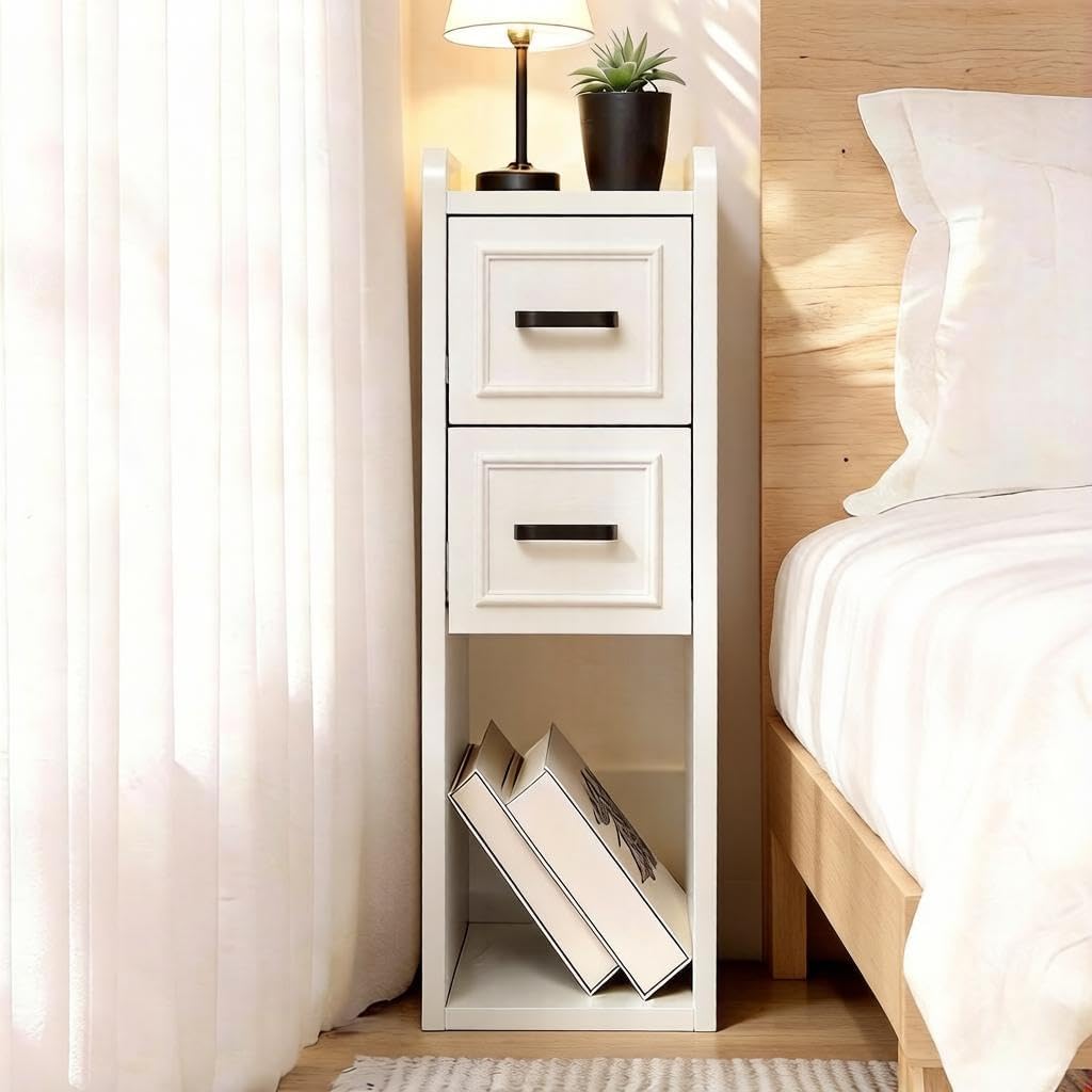 Narrow White Nightstand, Wood Slim Bedside Tables for Small Bedroom, Modern End Table with Drawers, Perfect for Apartments, Rente