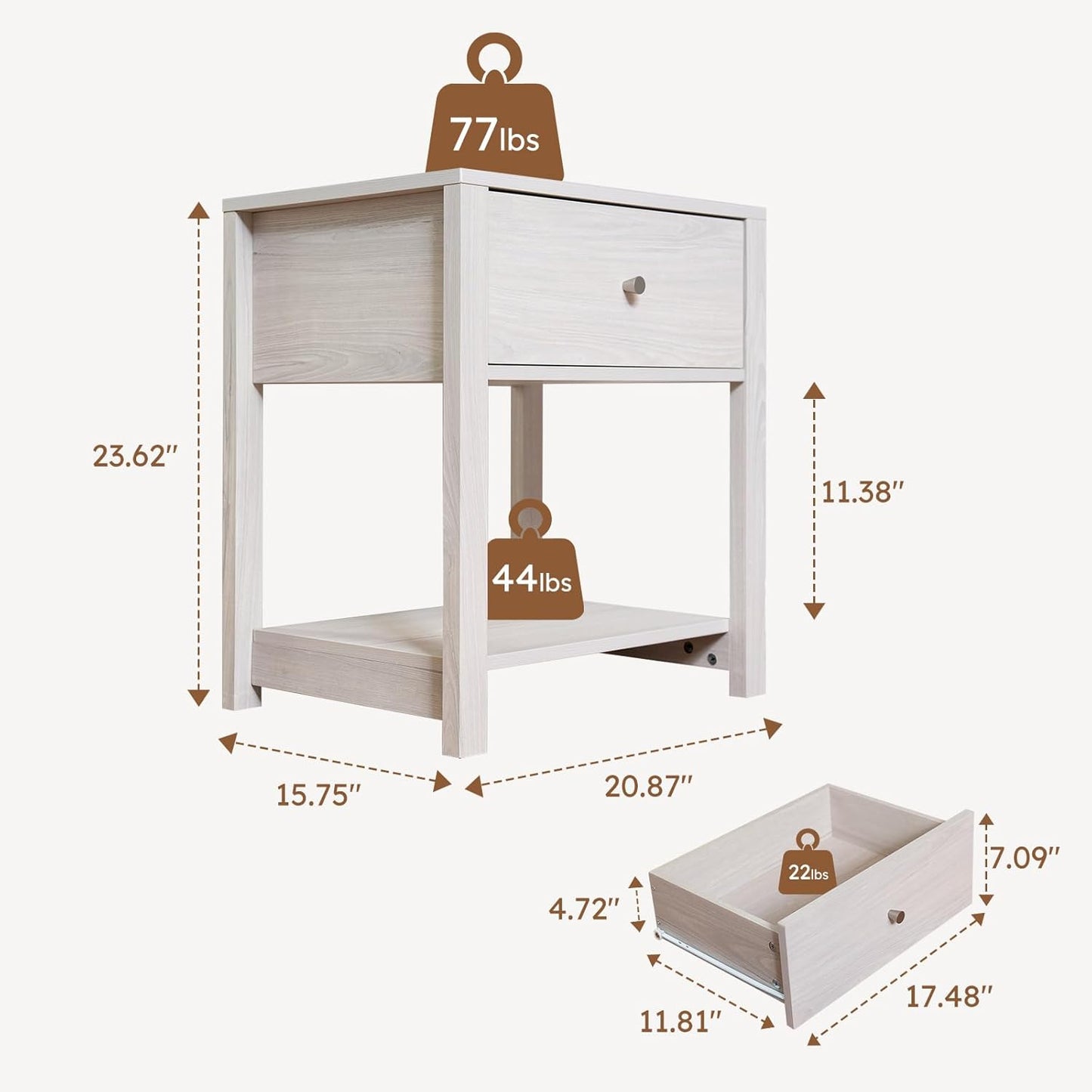 White Nightstand, Modern Nightstand Bedside Table with Drawer and Large Storage Shelf, End Tables Side Tables for Bedroom, Mesa de Noche for Small Spaces