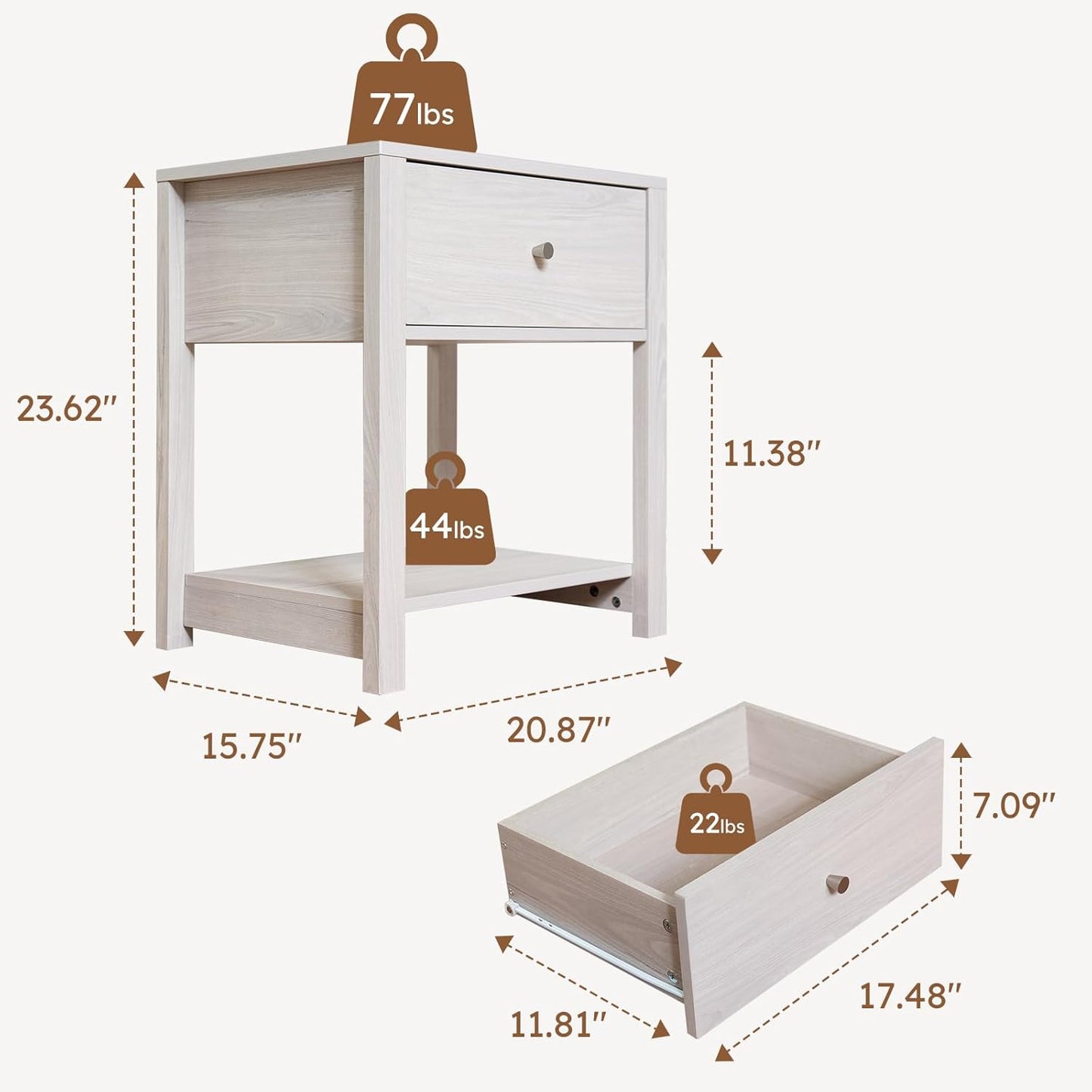 White Nightstand Set of 2, Modern Nightstand Bedside Table with Drawer and Large Storage Shelf, End Tables Side Tables for Bedroom, Mesa de Noche for Small Spaces