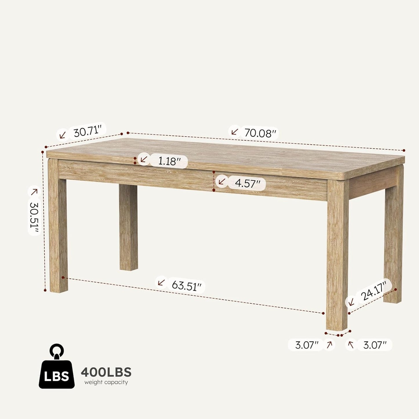 Farmhouse Dining Table, 70" Rectangular Wooden Kitchen Table for 4–6 People, Modern Dining Table & Home Office Desk for Family Gatherings and Study, Easy to Clean, Rustic