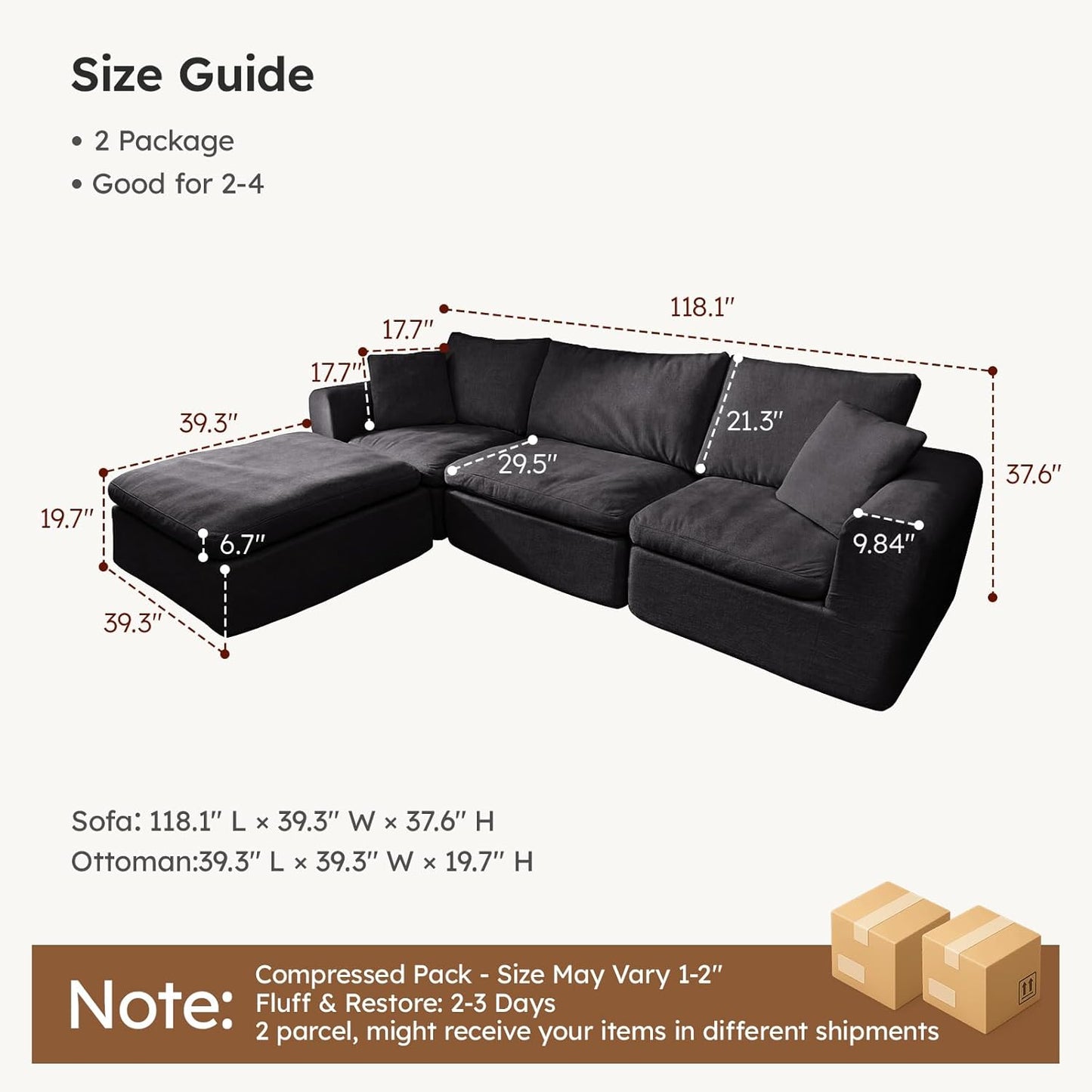 118" Oversized Modular Sectional Couch, Ultra Soft Cloud Sofa with Upgraded High Back, Plush Boneless Couches for Living Room, Comfy Deep Seat Boneless Sofa with Ottoman, No Assembly, Black