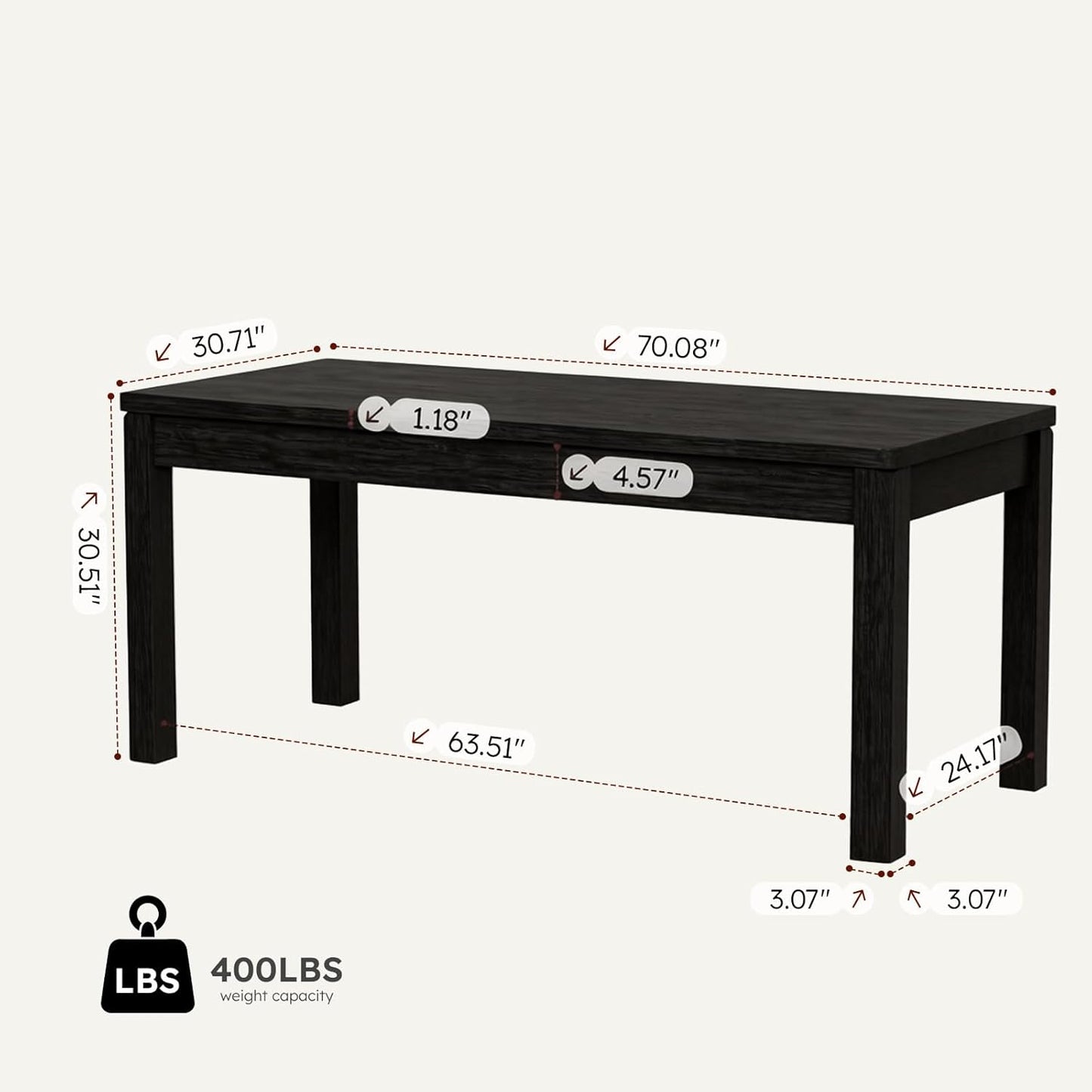 Farmhouse Dining Table, 70" Rectangular Kitchen Table for 4–6 People with Rounded Corners, Modern Dining Room Table for Family Gatherings, Easy Assembly, Black