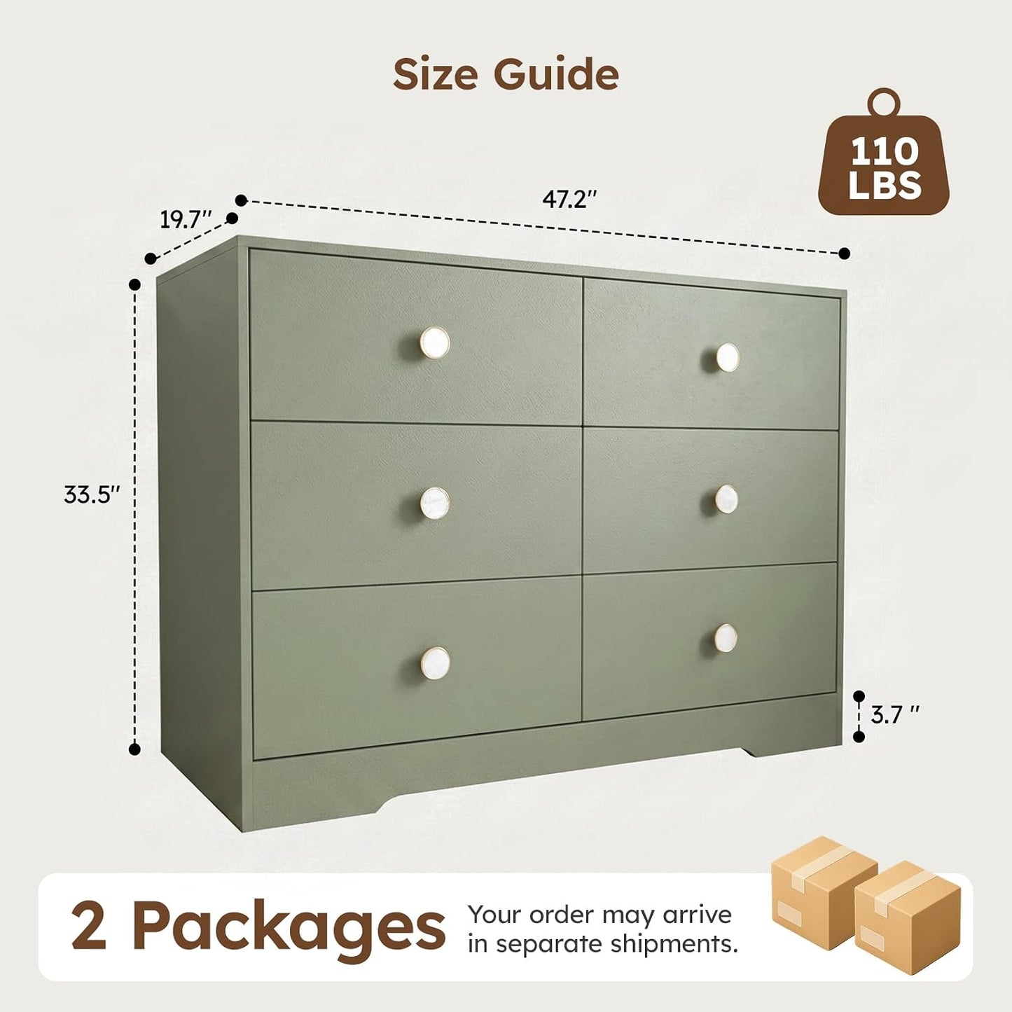 6 Drawer Dresser for Kid Bedroom, Wood Dresser with Sturdy Base, Large Baby Dresser for Nursery, Modern Closet Dresser for Clothes, Green