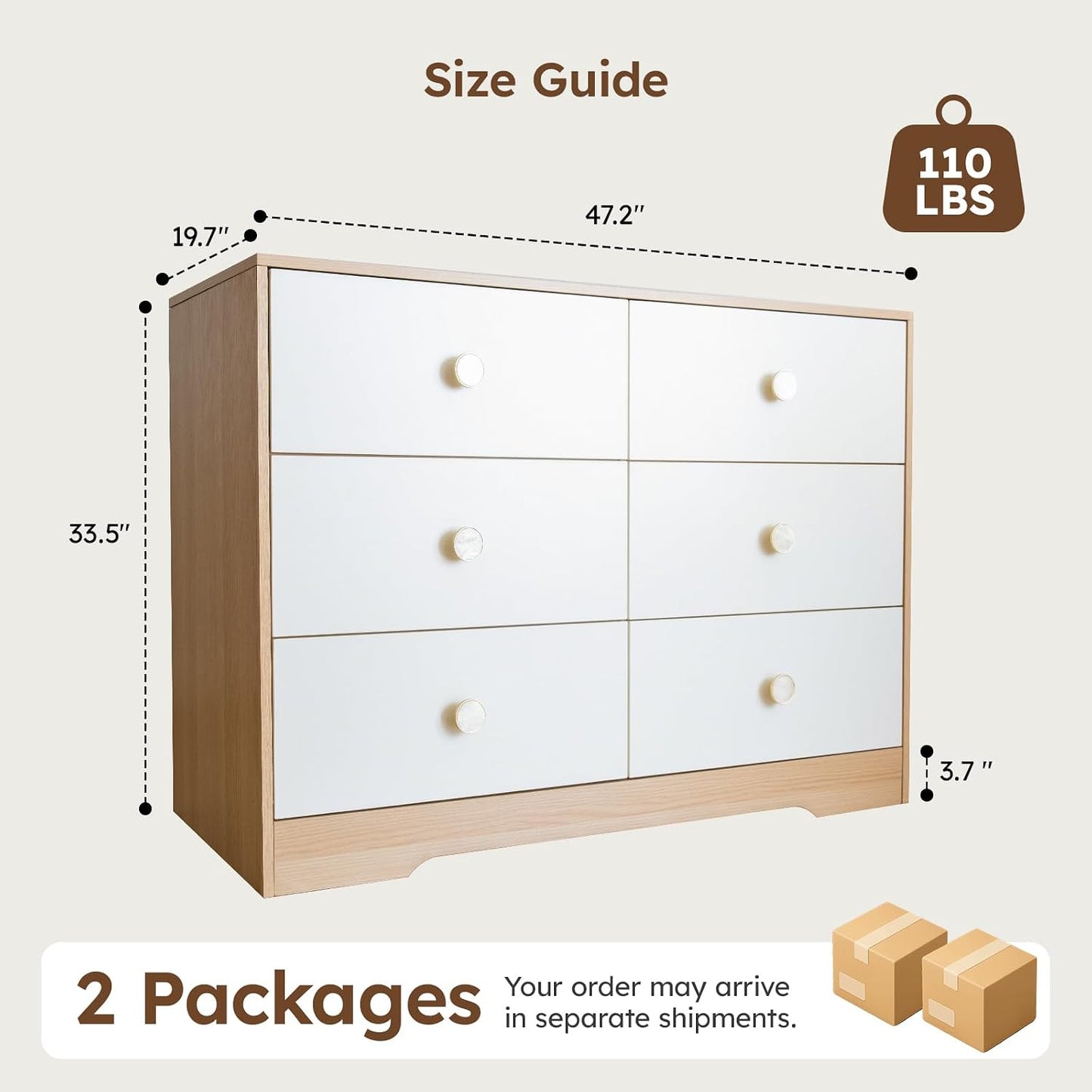 White Dresser for Bedroom, Wood Baby Dresser for Nursery, 6 Drawer Dressers with Sturdy Base, Modern Closet Dresser for Clothes and Baby Essentials