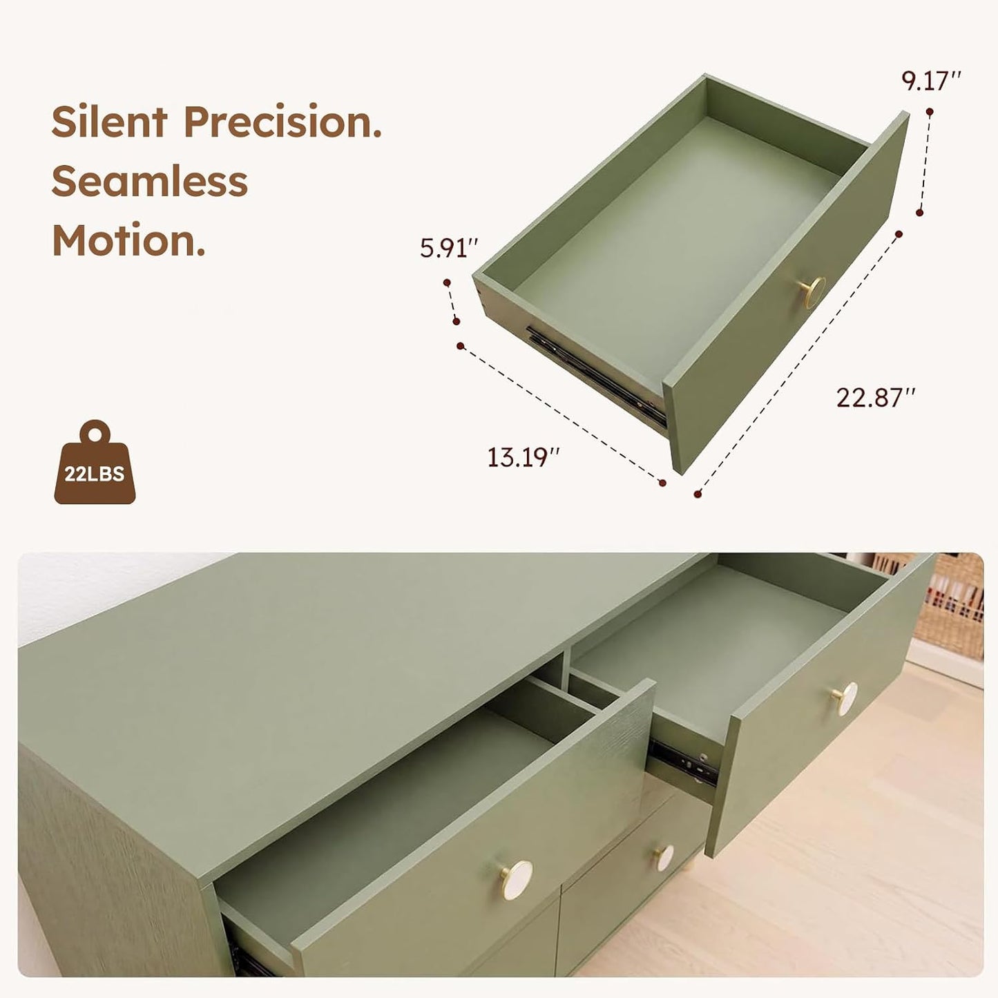 6 Drawer Dresser for Kid Bedroom, Wood Dresser with Sturdy Base, Large Baby Dresser for Nursery, Modern Closet Dresser for Clothes, Green