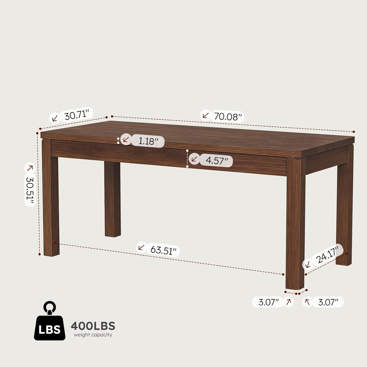Dining Table, 70 Inch Rectangular Wooden Kitchen Table for 4–6 People, Heavy-Duty Farmhouse Dinner Table for Dining Room, Home Office & Family Gatherings, Easy to Clean, Walnut