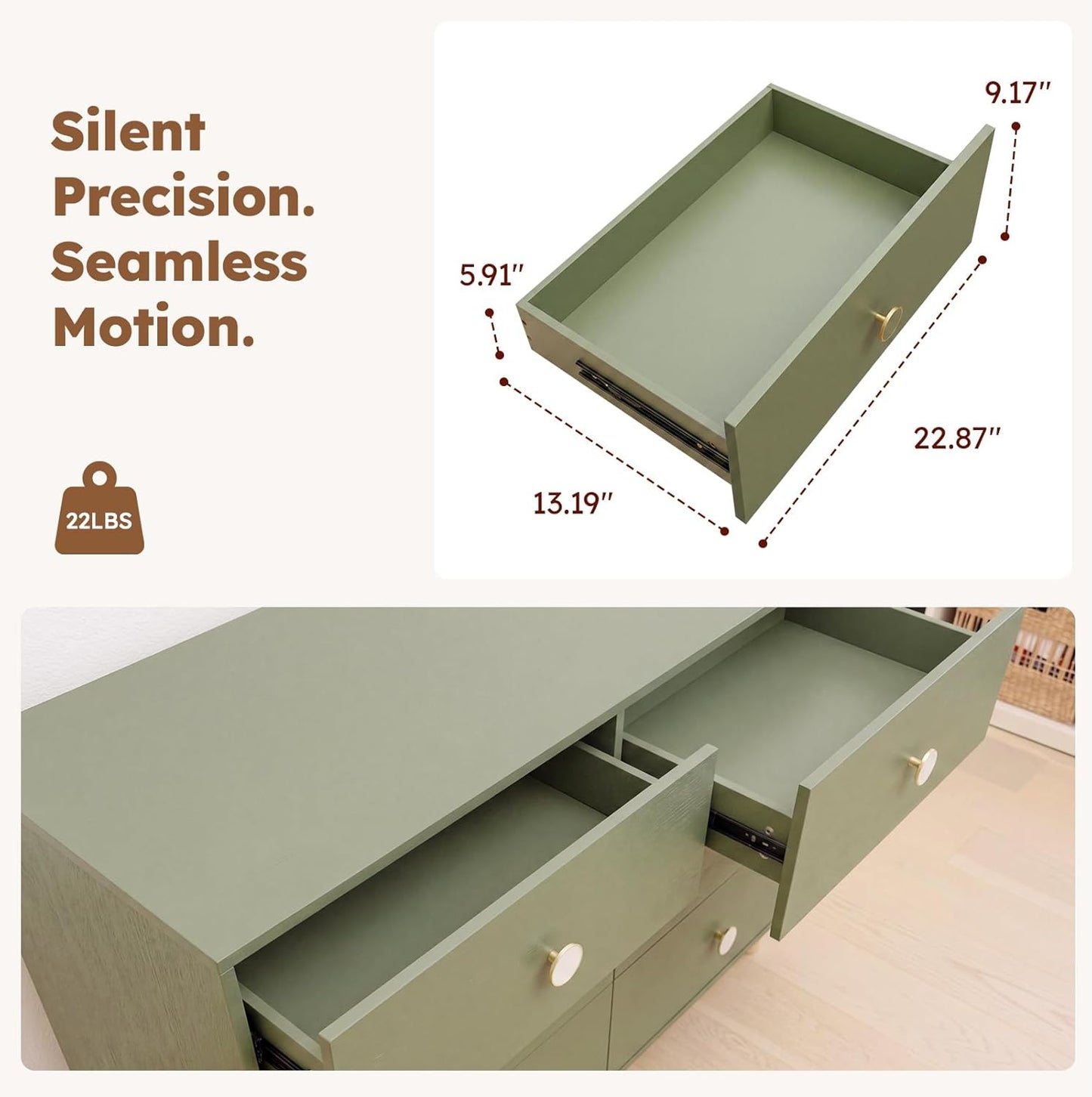 Baby Dresser for Bedroom, Modern 6 Drawer Dresser for Nursery, Kids Dresser with Solid Wood Legs, Large Closet Dresser for Clothes, Chest of Drawers, Green