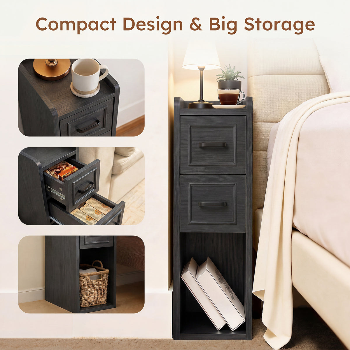Narrow Black Nightstand Set of 2, Wood Slim Bedside Tables for Small Bedroom, Modern End Table with Drawers, Perfect for Apartments, Rente