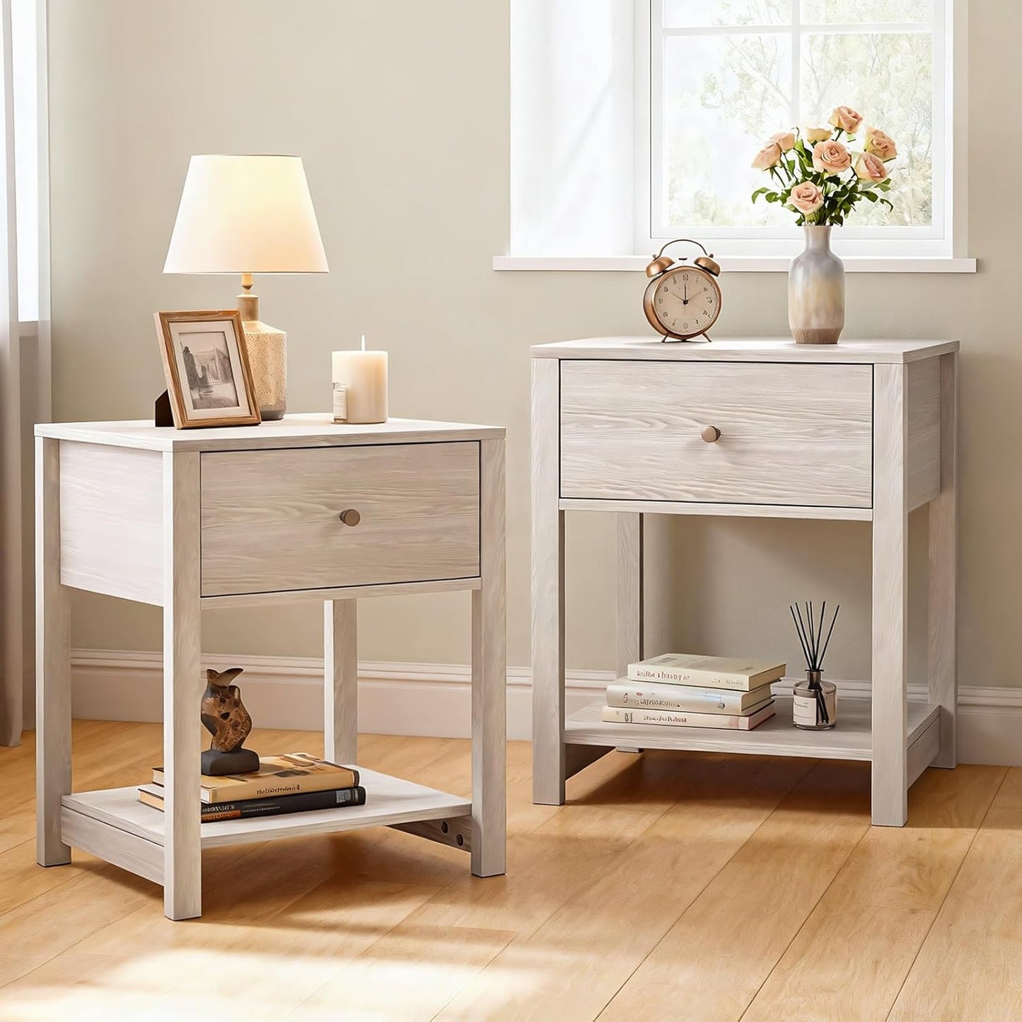 White Nightstand Set of 2, Modern Nightstand Bedside Table with Drawer and Large Storage Shelf, End Tables Side Tables for Bedroom, Mesa de Noche for Small Spaces